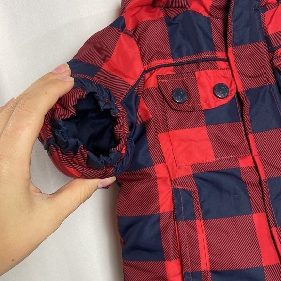 𝅺oshkosh B'gosh 18M Navy Blue and Red Flannel Fleece Lined Winter Jacket - Picture 5 of 17